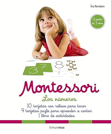 Portada de Montessori. Los números: 10 tarjetas con relieve para tocar. 9 tarjetas puzle para aprender a contar. 1 libro de actividades